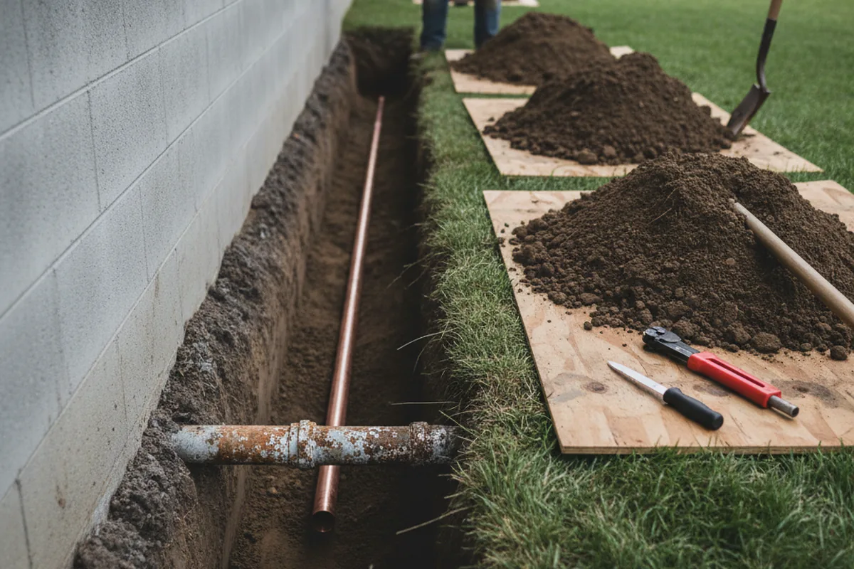 Excavated water line trench during Water Heater Repair in Poolville